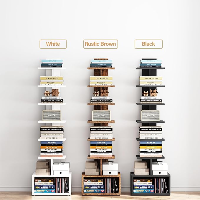 TUTOTAK Book Shelf, Narrow Spine Bookshelf, 8-Tier Bookcase for Small Space | 10.4 x 11.8 x 47.5 Inches Vertical Freestanding Corner Shelf for Living Room, Office, Study, Entryway, Black BS07BK008