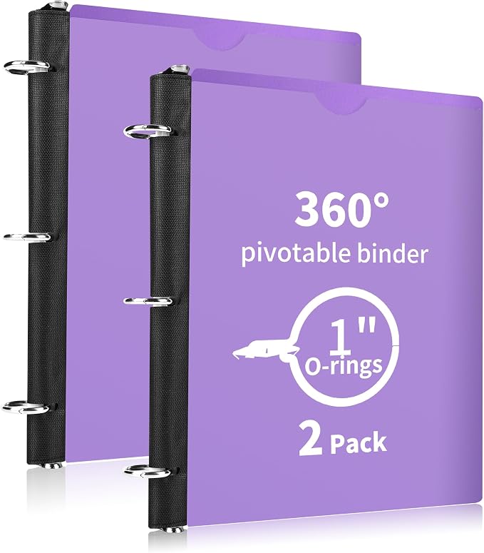 360° Pivotable 3 Ring Binder, Upgraded Foldable Binders 1 inch 2 Pack, Thin Small Three Ring Binder Fits 8.5" x 11", for Home, School and Office Binders Supplies - Purple
