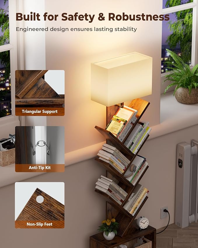 Evermagin 6 Tier Tree Bookshelf with Light, Bookcase, Rustic Brown | Narrow Tower Design, Storage Cabinet for Book Organization, Tall Floor Standing Use, Living Room, Bedroom and Home Office