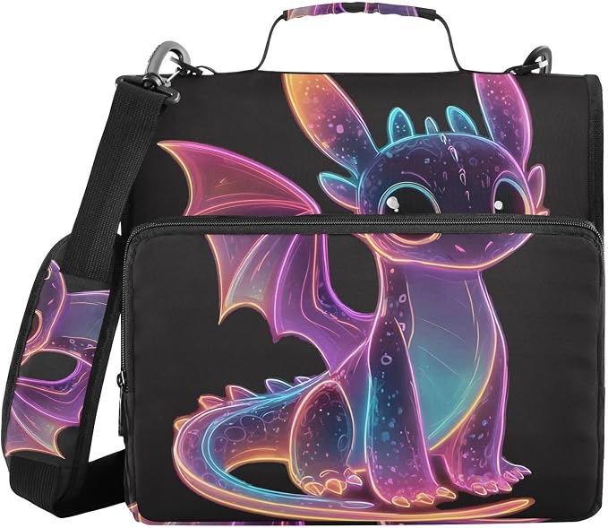 3 D-Ring Zipper Binder Bag, Cartoon Purple Glowing Dragon Removable Binder with Zipper Case Hold 300+ Sheets& 13 Inch Laptop for School Office Supplies Organizer