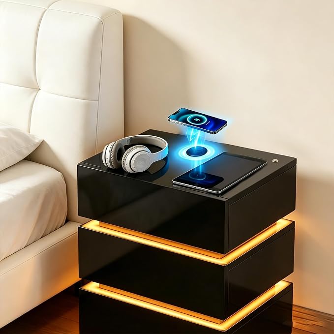 Nightstand with Charging Station, Night Stand with Drawers and LED Lights, Bedside Table, Modern End Table for Bedroom