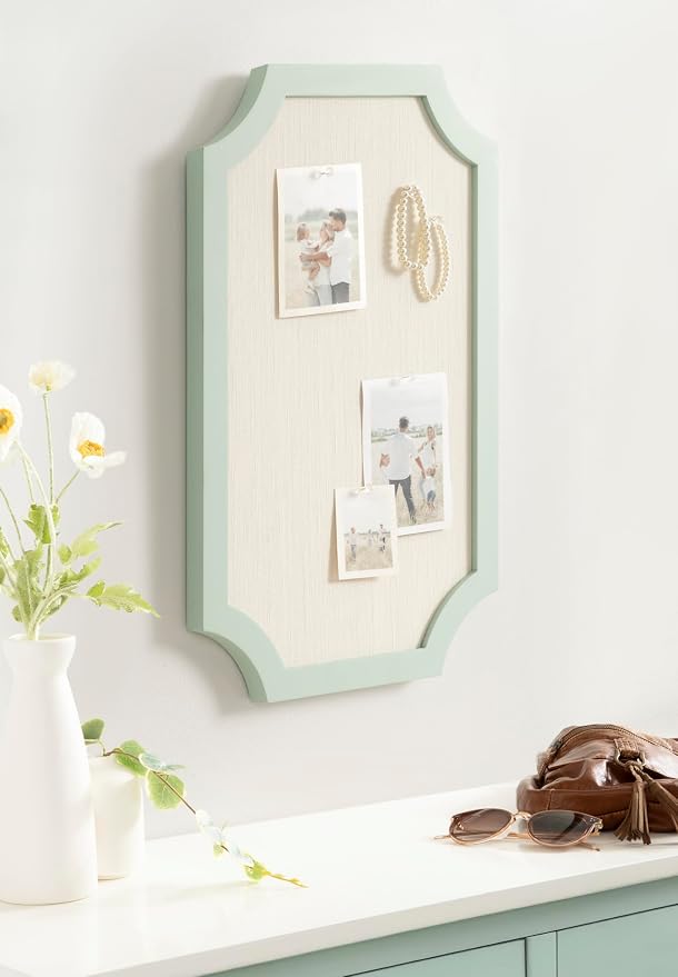 Kate and Laurel Holbrook Modern Framed Scallop Fabric Pinboard, 15 x 24, Green, Transitional Scalloped Bulletin Board for Use as Vision Board or Wall Organization