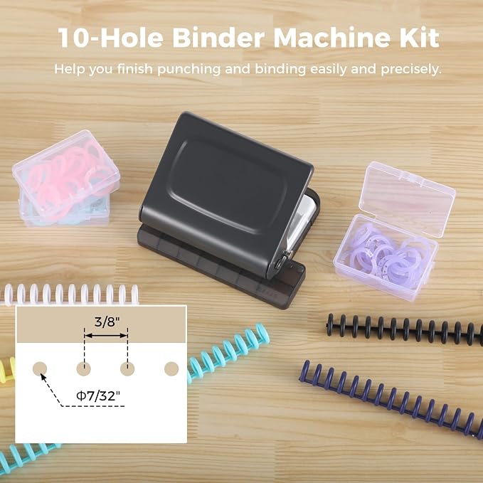 10-Hole Binder Machine Kit, Manual Binding System with 10 Pcs Loose Leaf Binding Spines & 100 Pcs Binder Rings, Binding Machine for Planner, 26 Holes on B5, 30 Holes on A4, 20 Holes on A5