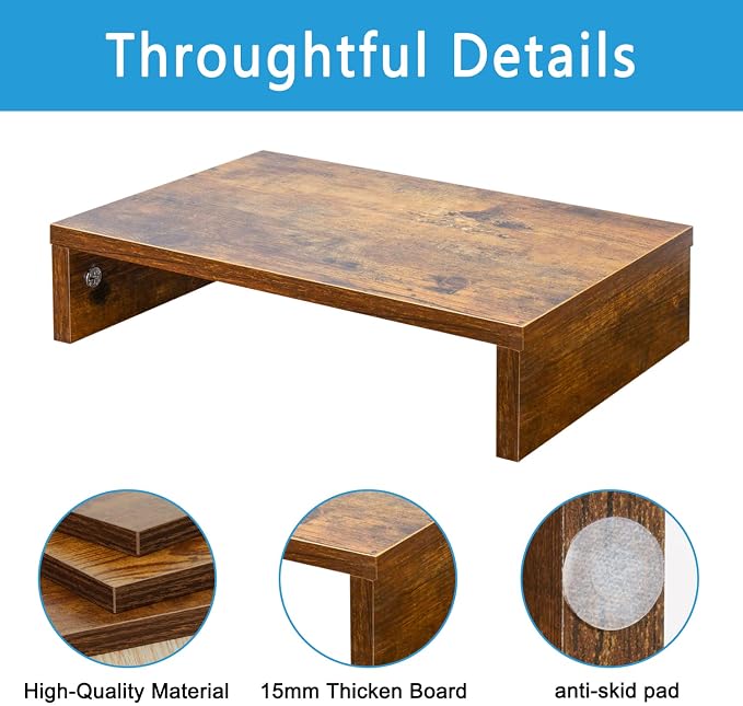 TEAMIX Wood Monitor Stand Riser for Desk - 14.2 inch, Small Laptop Stand | Rustic Brown, Holds 80 lbs, Wooden Computer Stand with Storage, Ergonomic Design, Easy Assembly, For Home Office, Gaming