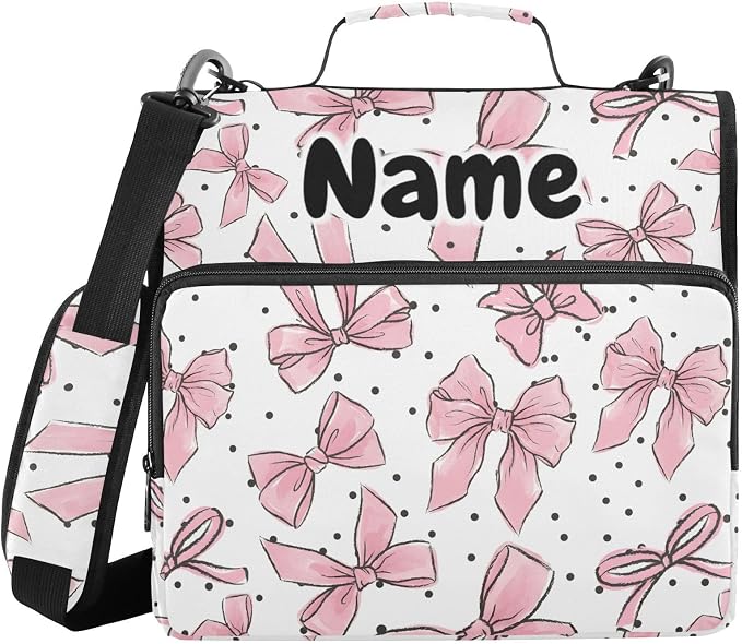 Custom Pink Bows Dots 3 Ring Binder Bag 1.5 inch Personalized Name Binder Organizer 500 Sheet Documents Storage for School Office
