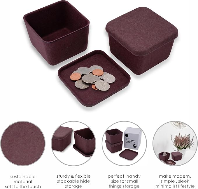 2-piece cubic lidded felt drawer organizer bin desktop stackable storage container with lid decluttering home office for jewelry watch clips binder office supplies (Wild Berry)