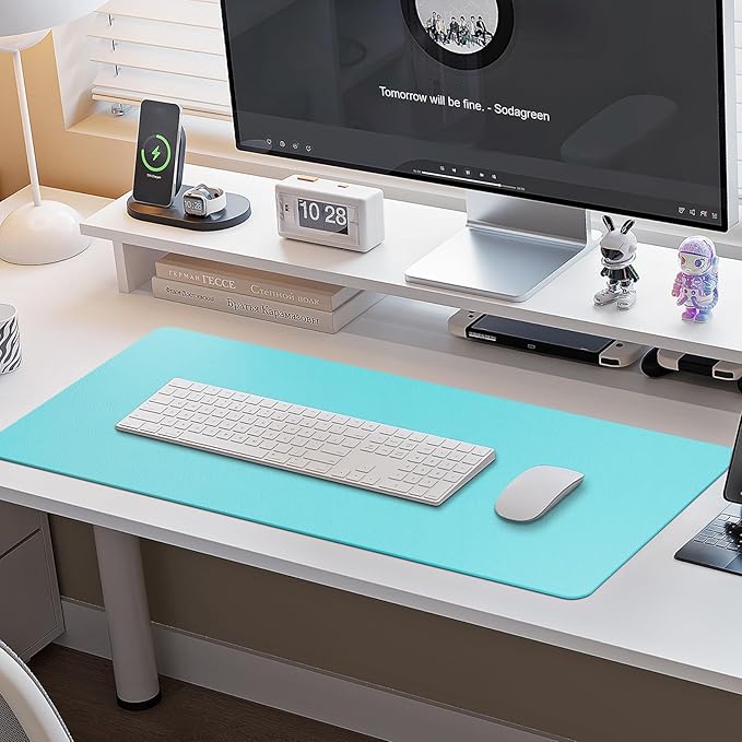 Boutilon Leather Desk Pad Protector,Laptop Desk Pad,Office Mouse Mat,Waterproof Leather Desk Blotter,Desk Writing Pad for Office and Home (M-Bright Blue,30"x14")