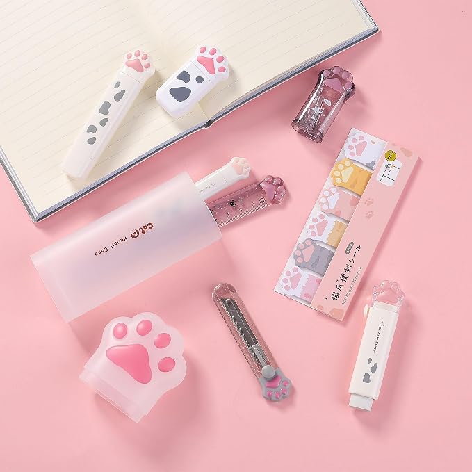 9 Pcs Cute Cat Paw Stationery Set Kawaii School Supplies Including Pencil Sharpener Retractable Eraser Correction Tape Sticky Notes Ruler Mini Scissors Utility Knife for Cat Lovers Students (White)