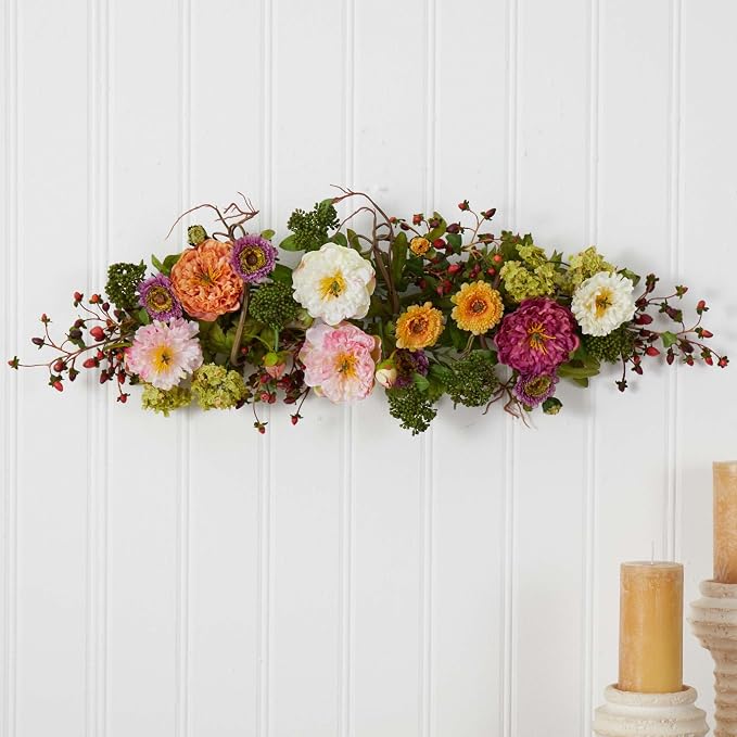 Nearly Natural 4665 Mixed Mini Peony Centerpiece Silk Flower Arrangement,10"D x 34"W x 6.5"H | Plush Pastel Petals, Rustic Intertwined Twigs, Maintenance-Free, Dining Table or Fireplace Mantel Accent