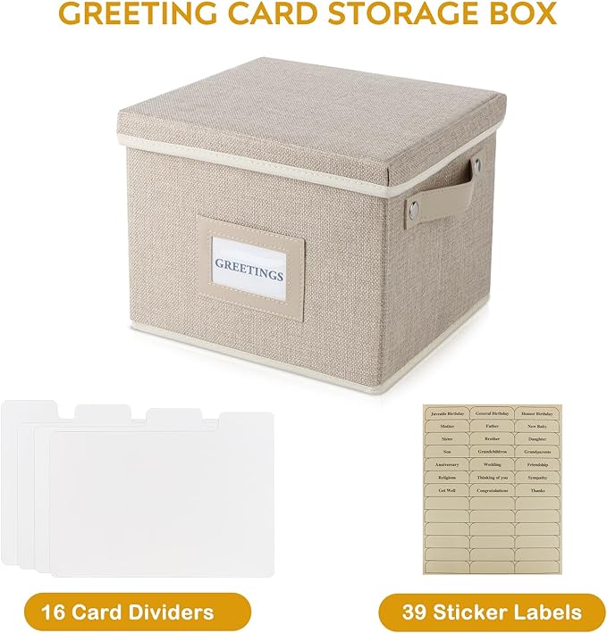 Greeting Card Organizer Box with 16 Dividers,Collapsible Greeting Card Storage Box with Handles Hold 150+ Cards,Greeting Card Holder for Greeting Cards,Sticker, Recipes, Photo, Envelope (Beige, 2 pcs)