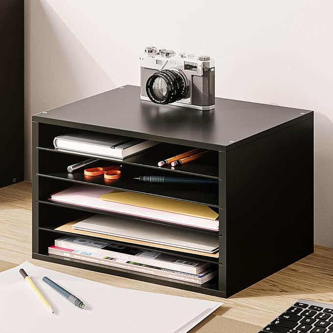 Ballucci 5 Tier Paper Organizer Letter Tray, Wood Desk File Organizer with Adjustable Shelves, Home Office School Letter/A4 Mail Sorter Magazine Holder - Black