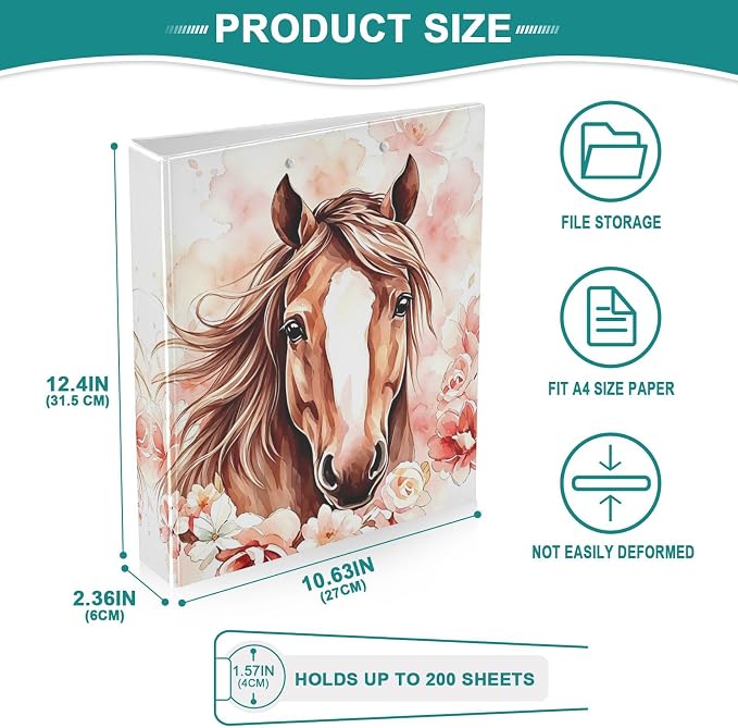 3 Ring Binder Brown Horse Watercolor Flower 1.5" Round Ring Binders View Binder with 200 Sheet for Kids School Supplies Women Men Office, 1 Pack
