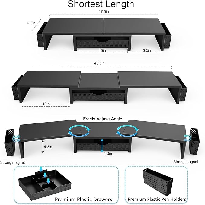 gianotter Dual Monitor Stand Riser With Drawer and 2 Pen Holders | Desk Organizer and Accessories Computer Monitor Stand, Desk Shelf for Top of Desk (Black)