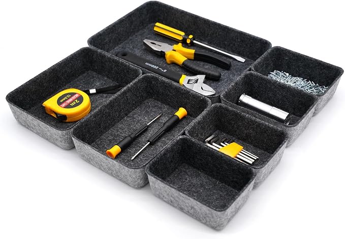 7pc Shallow Felt Desk Drawer Organizers Trays Charcoal Storage Bins