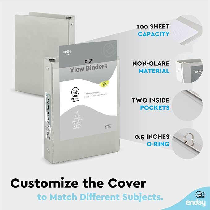 Enday 1/2 inch Binder 3 Ring Binder (6 Pack - Grey) O-Ring Binder with Clear View Cover and 2 Inside Pocket - for Letter Size 8.5 x 11'' Paper, Ideal for School Supplies, Office, and Home