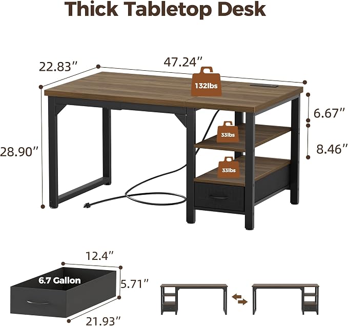 48" Computer Desk with Drawer, 1.2" Thick Reversible Office Desk | Modern Writing Table with Power Outlets & Storage Shelves, Heavy Duty Industrial Study Desk for Home Bedroom Work