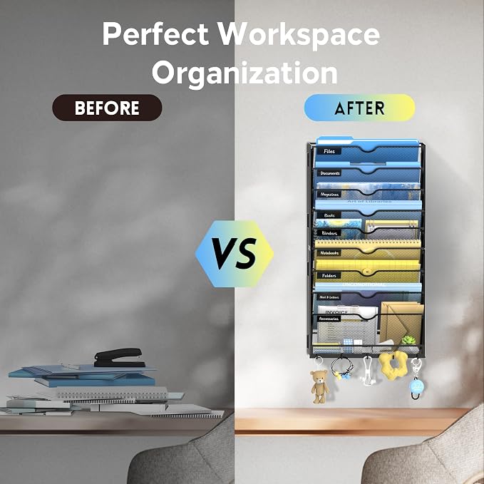 10-Tier Wall File Organizer with Hooks, Hanging File Organizer | Metal Mesh Mail Organizer, Wall Mounted File Organizer for Home, Classroom, Office Organization