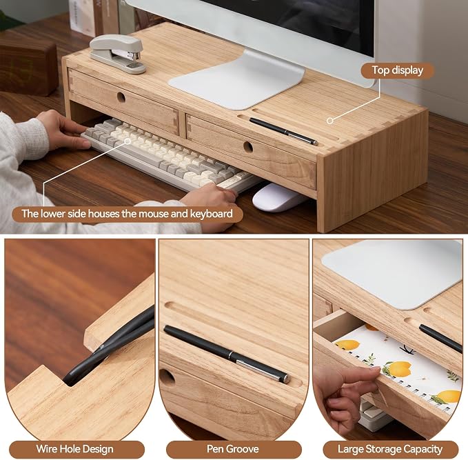 KIRIGEN Solid Wood Monitor Stand with 2 Drawers, Desk Riser, Natural PMJ-NA | Desktop Organizer with Cable Opening and Pen Slots Stores Office Supplies, Supports Up To 50 Lb and Arrives Fully Assembled.