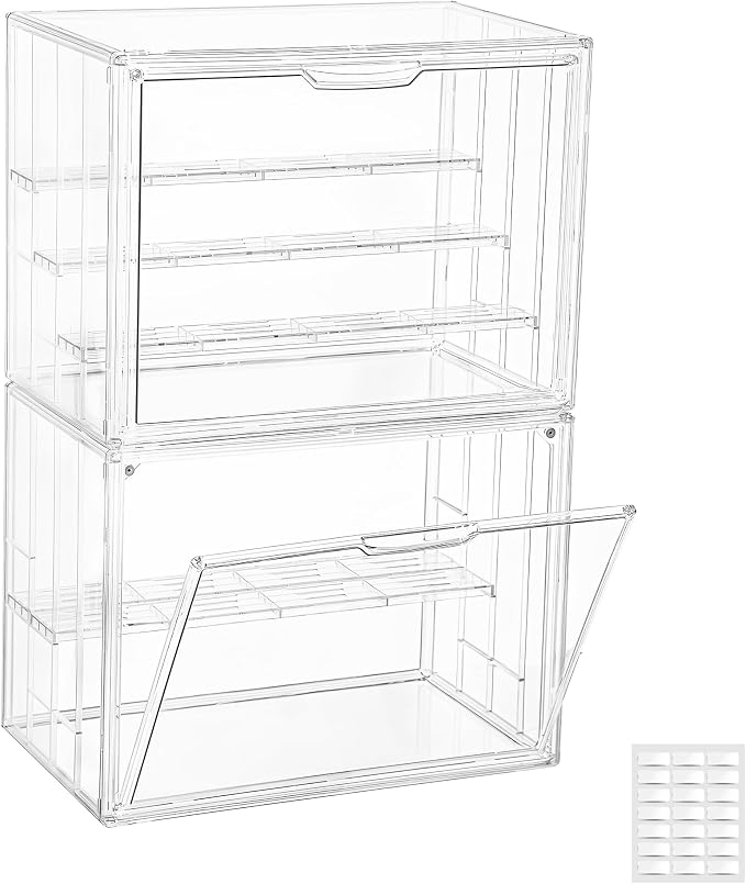 Attelite Acrylic Display Case for Collectibles 4 Tiers Clear Showcase,2Pcs | 3 Adjustable Dividers, Clear Acrylic Box for Figures, Tool-free Assembly,Magnetic Door, Dustproof,thicken plastic