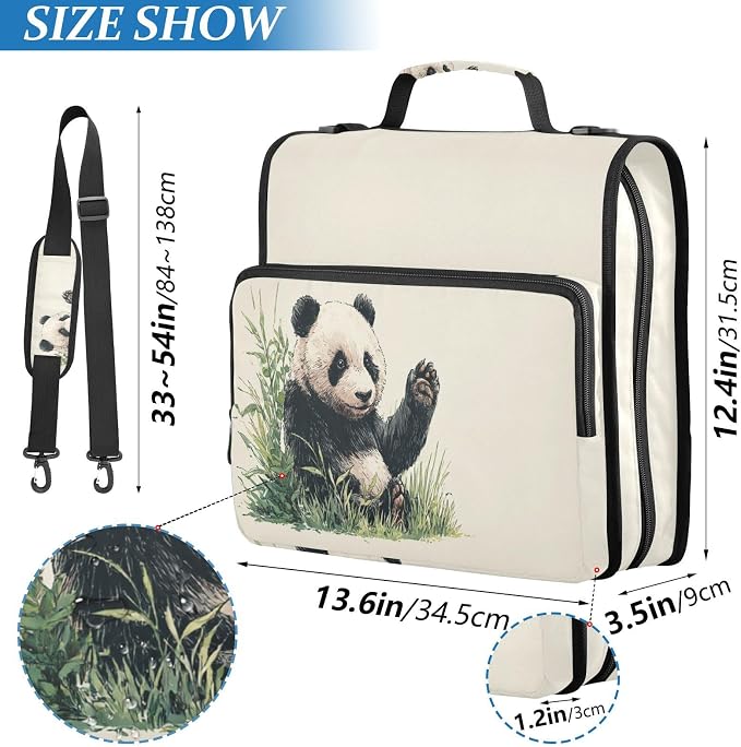 Panda Cute Animal 3 Ring Zipper Binder with Handle 1.5 inch Binder Organizer, Multi Pockets Office File Folder with Shoulder Strap 500 Sheet Capacity