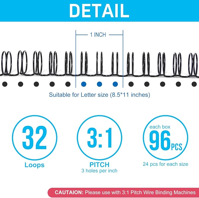 Rayson Wire Binding Spines, 3:1 32-Loop Black, Mixed Sizes, 96 Pack | Includes 24 pcs each: 7/16", 1/2", 9/16" and 5/8"; ideal for Letter-size reports, manuals and presentations.