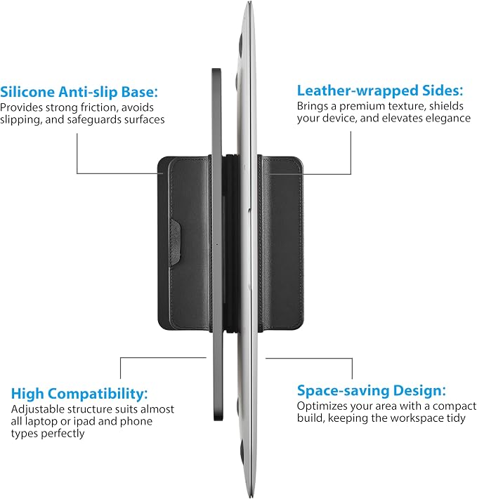 Dual Vertical Laptop Stand, 3 in 1 Upright Desktop Stand Holder with Adjustable Dock (Up to 17.3''), Leather Laptop Rack Storage Desk Organizer for Phone, Tablet, MacBook/HP/Dell/Chrome Book (Black)