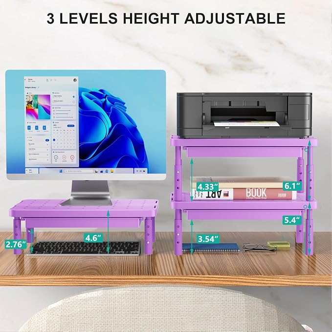 WALI Computer Monitor Stand with Storage, Monitor Riser 3 Height Adjustable | Laptop Riser with Airflow Vents, Desk Organizer for Computer, Printer, Notebook (PTT002-V), 1 Pack, Violet