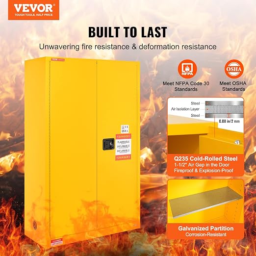 VEVOR Flammable Cabinet, 45 Gal, 18" x 43" x 65", Yellow | Cold-Rolled Steel, Explosion Proof, 2 Adjustable Shelves, 2 Manual Doors, Industrial Use
