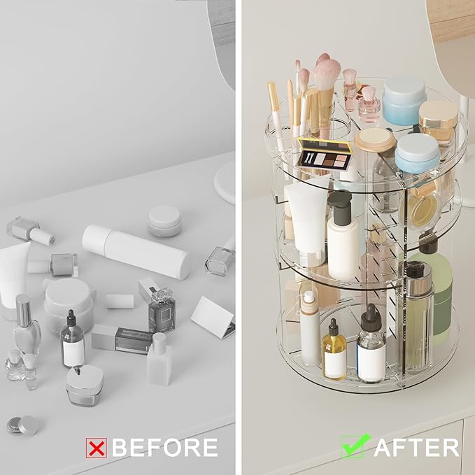 Rotating Makeup Organizer, DIY 8 Adjustable Layers Spinning Skincare Organizer, Cosmetic Display Case with Brush Holder Perfume Tray, Multi-Function Storage Carousel for Vanity Bathroom Countertop