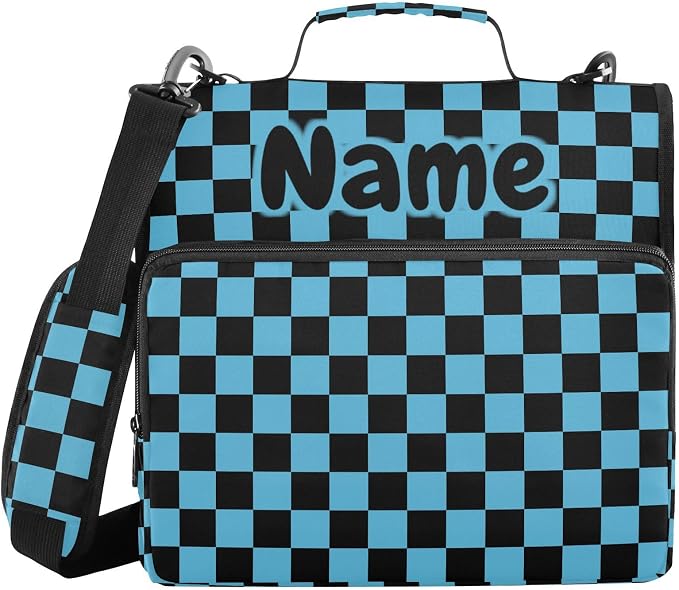 Custom Black Blue Checkered Pattern 3 Ring Binder Bag 1.5 inch Personalized Name Binder Organizer 500 Sheet Documents Storage for School Office