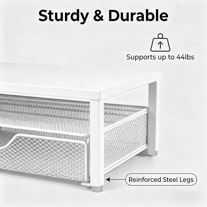 Spacrea Desk Organizer and Accessories, Computer Monitor Stand Riser with Drawer and 1 Open Pen Holder, Printer & Laptop Stand, Office Desk Accessories for Home Office Supplies (White)
