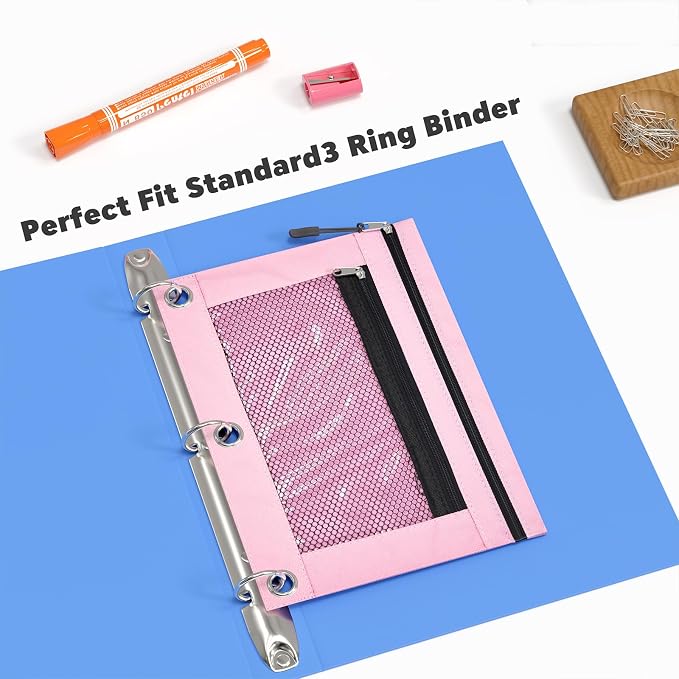 3 Ring Pencil Pouch, Binder Pencil Pouch with Zipper and Mesh Window,8pack 8colors