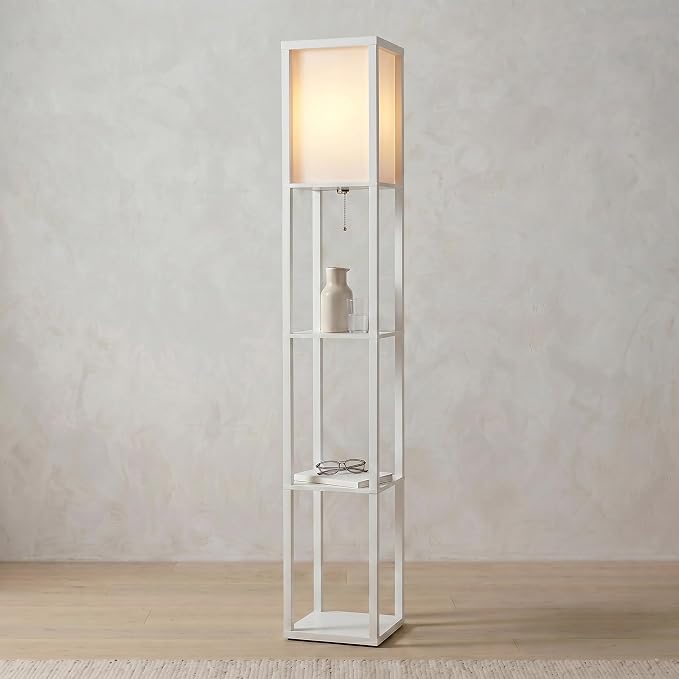 Brightech Maxwell - Modern Shelf Floor Lamp with Lamp Shade & Warm White LED Bulb, Corner Display Floor Lamp with Shelves for Living Room, Bedroom, Nightstand Office, Home Decor Storage - White