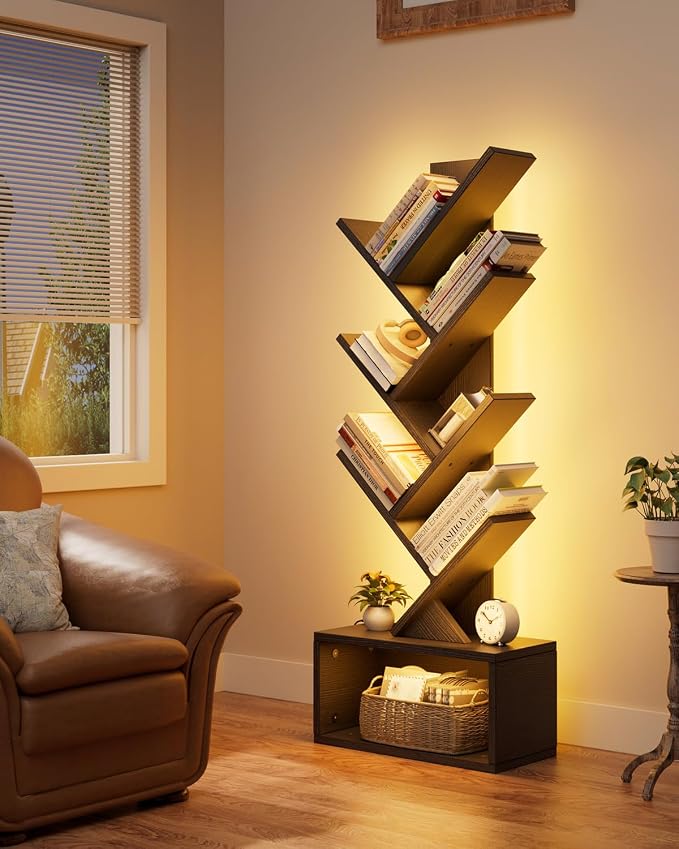 Evermagin 6 Tier Tree Bookshelf with Lights, LED Book Tree Bookcase | Black with Storage Organizer, Small Corner Bookshelf Floor Standing Book Shelf for Living Room, Bedroom & Home Office
