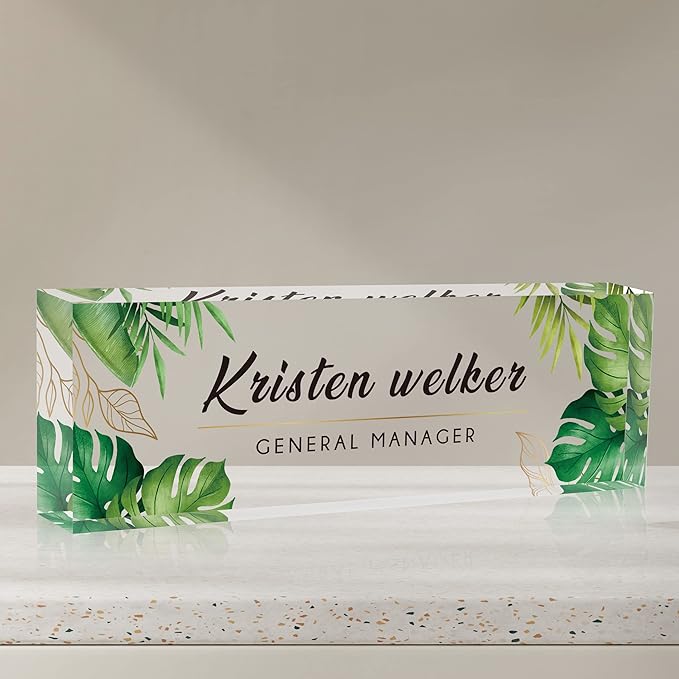 Desk Name Plate Personalized, Custom Name Plates for Desks, Office Desk Decor, Green Leaf Clear Acrylic Glass Block, Personalized Office Gifts for Women Men Boss Teachers Coworkers Appreciation Gifts