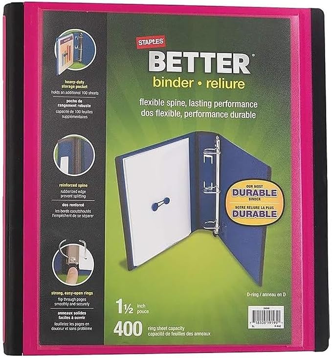 Staples Better 1.5-Inch 3-Ring Binder, Pink, Heavy-Duty | Durable binder built for school and office document organization.