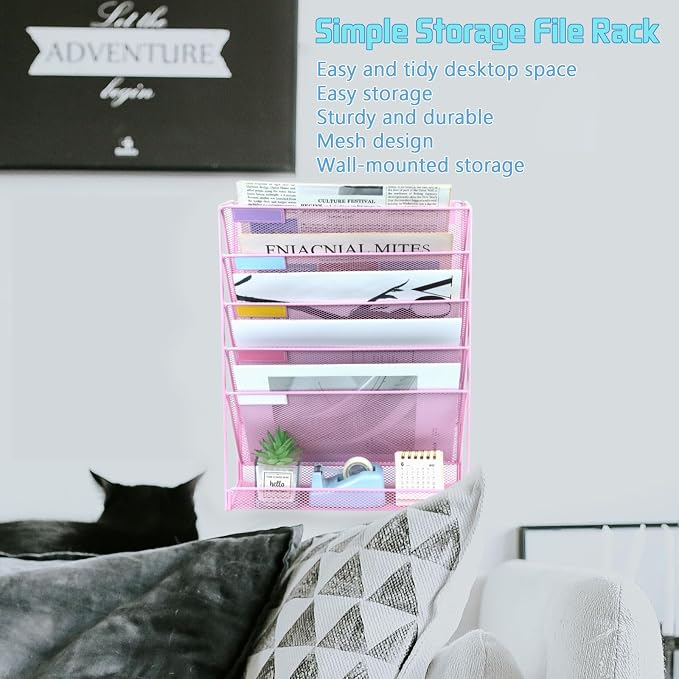 5 Pockets Mesh Wall File Holder Organizer with Bottom Flat Tray, Office Hanging File Folder Magazine Rack, Nametag Label Hooks Set Included, Pink