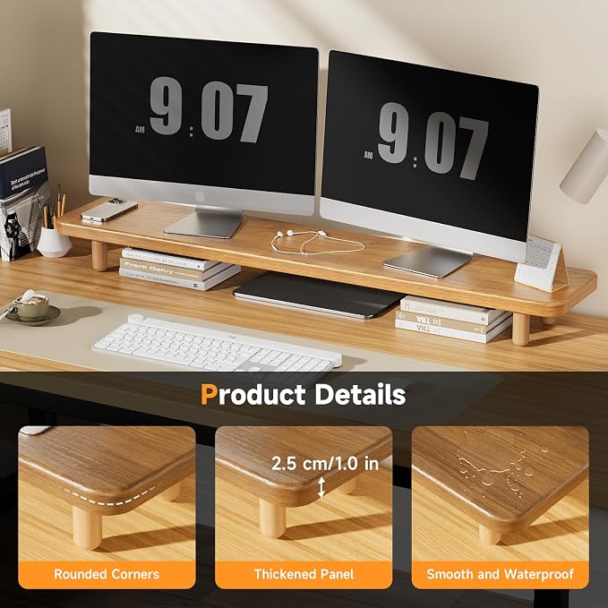 Dual Monitor Stand Riser, 39 Inch Extra Long Wooden Desktop Monitor Riser with Storage for 2 Monitors Ultra Strong Desk Shelf Organizer Riser Ergonomic for 2 Screens/Laptop/PC/TV/Printer (Light Walnut, 39inches)
