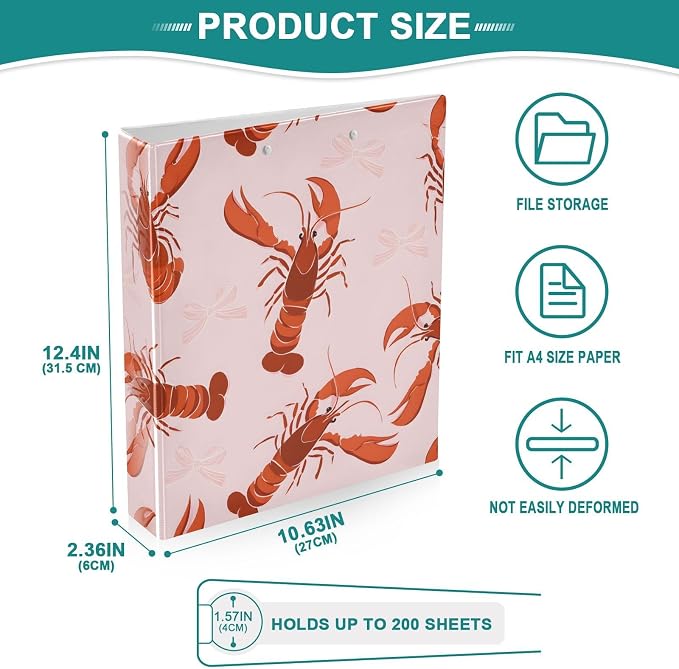 ALAZA 3 Ring Binder Cute Red Lobster Clipboard Round Ring Binder Holds 1.5 Inch Three Binders Heavy Duty Binders for Office Supplies, 1Pack