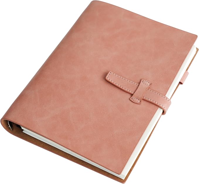 Refillable A5 Leather Binder Notebook, Reusable Leather Journal, Vintage Organizer with 6-Ring Metal Binder, 120 Pages Lined Paper & Pocket, for Writers Business Work Study College and Daily, Pink