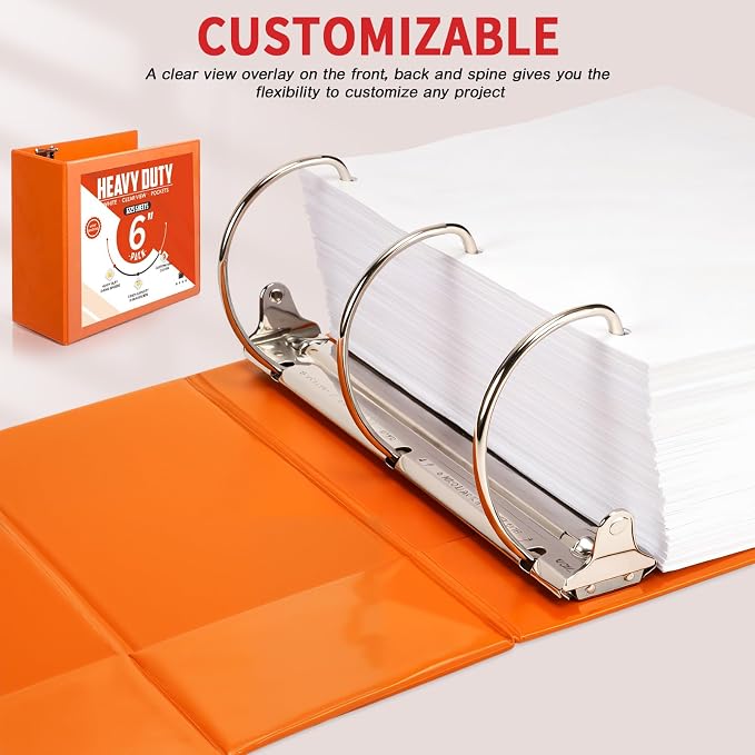 Sinload 6 Pcs 3 Ring Binder, Large Capacity D Ring Binders with Pockets, 8.5" x 11" Presentation Folder View Binder with Customizable Clear Cover for Documents Files Projects (Multicolored,6 Inch)