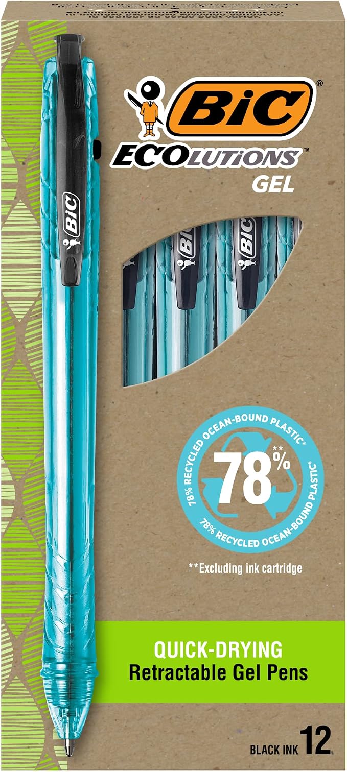 BIC Ecolutions Ocean-Bound Plastic Gel Pens, Medium Point, 1.0mm, 12-Count