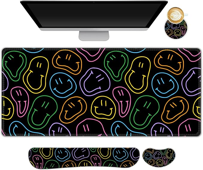 Large Gaming Mouse Pad Set, 4 in 1 Extended Keyboard Desk Mat with Wrist Rest, Computer Game Mousepad, Non-Slip Desk Pad Protector Easy Typing Pain Relief for Home Office I Black Retro Hippie