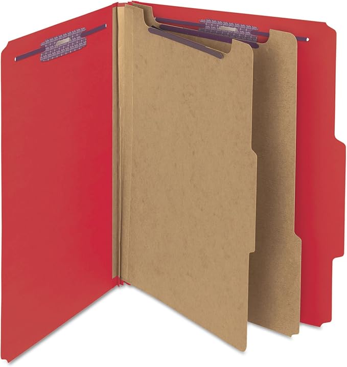 Smead Pressboard Classification File Folder with SafeSHIELD Fasteners, 2 Dividers, 2" Expansion, Letter Size, Bright Red, 10 per Box (14031)