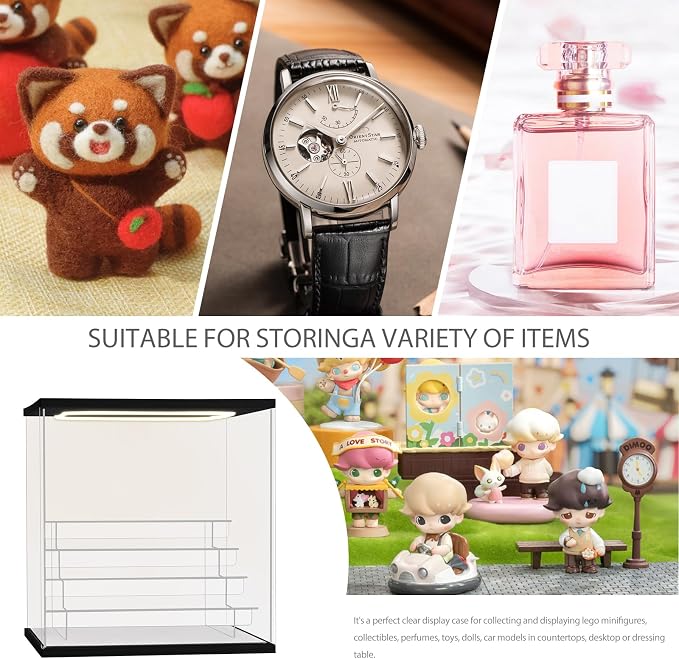 Clear Acrylic Display Case with Light 3 Tier Display Storage Box Assembly Dustproof Showcase for Collectibles Action Figures(Black, 12.0*6.9*9.4inch)