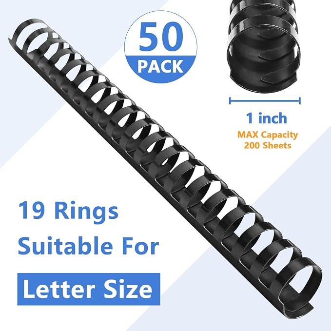 HOUYEE 50 Pack 1 Inch Plastic Binding Combs,19 Rings, 200 Sheets Capacity | 25mm Comb Binding Spines, Extra Large Binder Combs for Letter Size, for Office School Use, Black