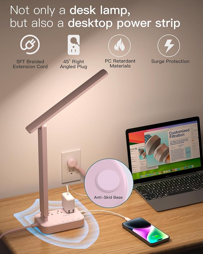 Addtam LED Desk Lamp, Power Strip with 3 Outlets 4 USB Charging Ports(2 USBC), 4 Modes 5 Level Brightness Touch Lamp, Small Desk Lamp for Home Office College Dorm Room Essentials, Pink