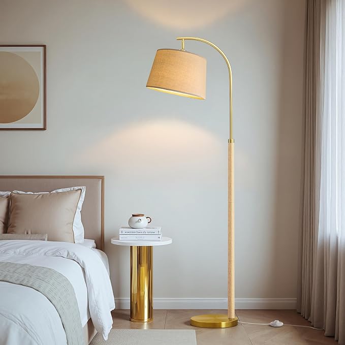 G-SAFAVA Real Wood Floor Lamps for Living Room Bedroom, 62.5" Mid Century Modern Lamp Gold Standing Tall Arc Lamps with Foot Switch, Floor Lamps for Nursery Office Decor Corner Reading Room Light