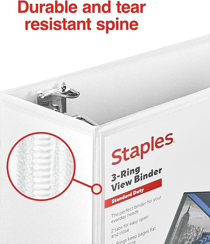 Staples Standard 4-Inch D-Ring View Binder, White, 775 Sheets | Large-capacity binder for office and school document storage.
