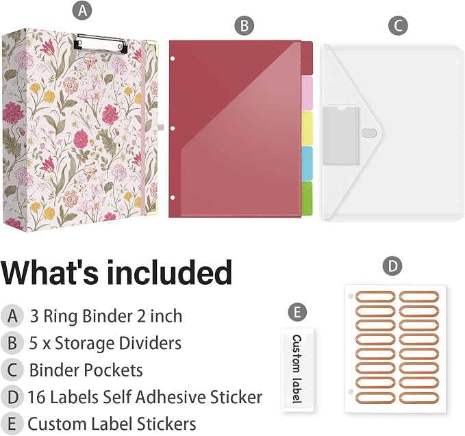 3 Ring Binder 2 Inch for Letter Size 8.5" x 11" Paper, Clipboard Binder with 5 Tabbed Dividers with Pockets, Plastic Folder and 40 Divider Stickers, School and Office Supplies, Pink Flowers